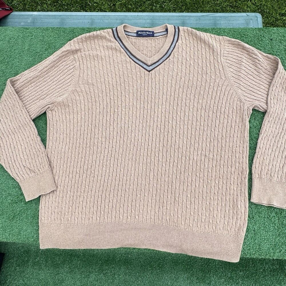 Austin Reed Sweater Mens Large Silk Cotton Cashmere Blend V Neck Tan Cable Knit